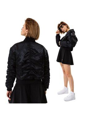 NWOT Nike Bomber Jacket Womens Size M Black Air Allover Swoosh Logo Satin